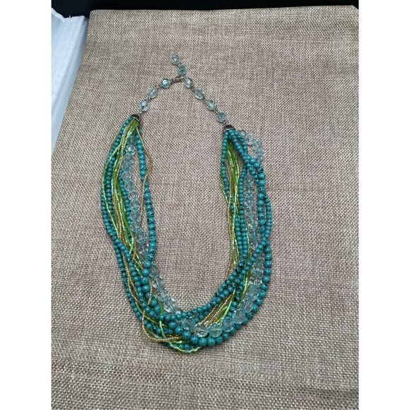 VINTAGE IRIDESCENT GREEN SEED BEADS MULTI-STRANDS TORSADE NECKLACE - Picture 4 of 7